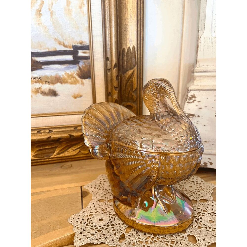 Vintage LE Smith Amber Carnival Glass Turkey Covered Candy Dish